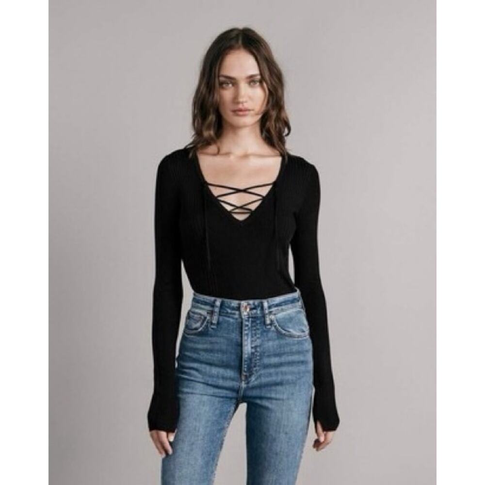 Rag & Bone Carrie Jersey Lace Up Vee Slim Fit Top Black Long Sleeve Blouse S